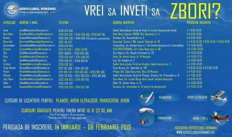 Cursuri gratuite de parașutism și zbor, la Aerodromul Strejnic