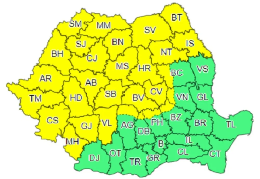 Atenționare de ploi și căderi de grindină în Prahova și Dâmbovița. Cod galben de vijelii în zona de munte