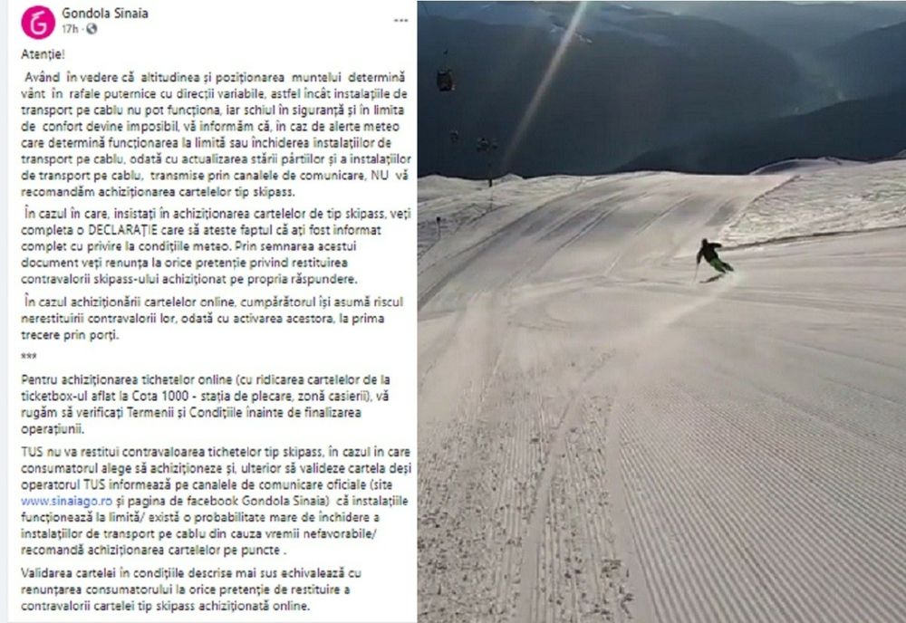 Cartelele tip skipass în Sinaia, pe bază de declarație, din cauza condițiilor meteo