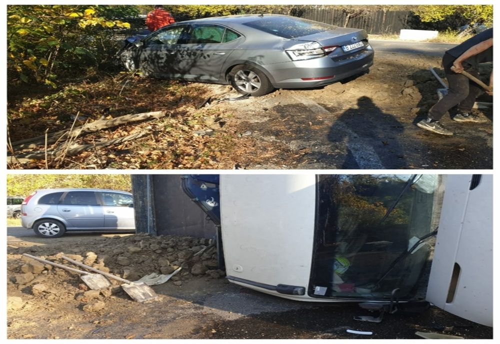 Accident pe DN1, în Românești. O autoutilitară este răsturnată, după impactul cu un autoturism