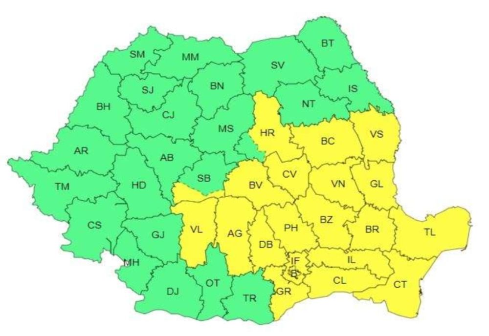 ANM: COD GALBEN DE PLOI TORENŢIALE ÎN 20 DE JUDEŢE ŞI ÎN BUCUREŞTI