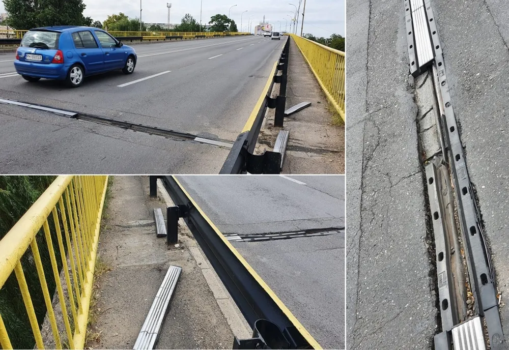 Pericol pentru şoferi la podul de la Gara de Sud din Ploiești. Bucăţi metalice de la rostul de dilataţie al unei traverse s-a desprins