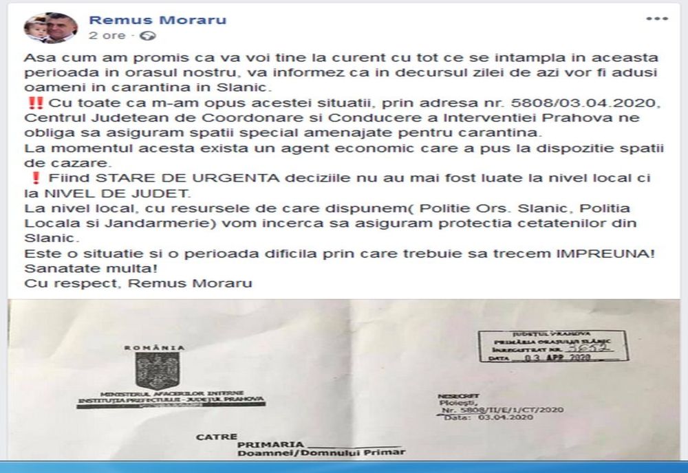 Primarul din Slănic, revoltat că în oraș a fost organizat un centru de carantină! Postarea publică a edilului liberal!