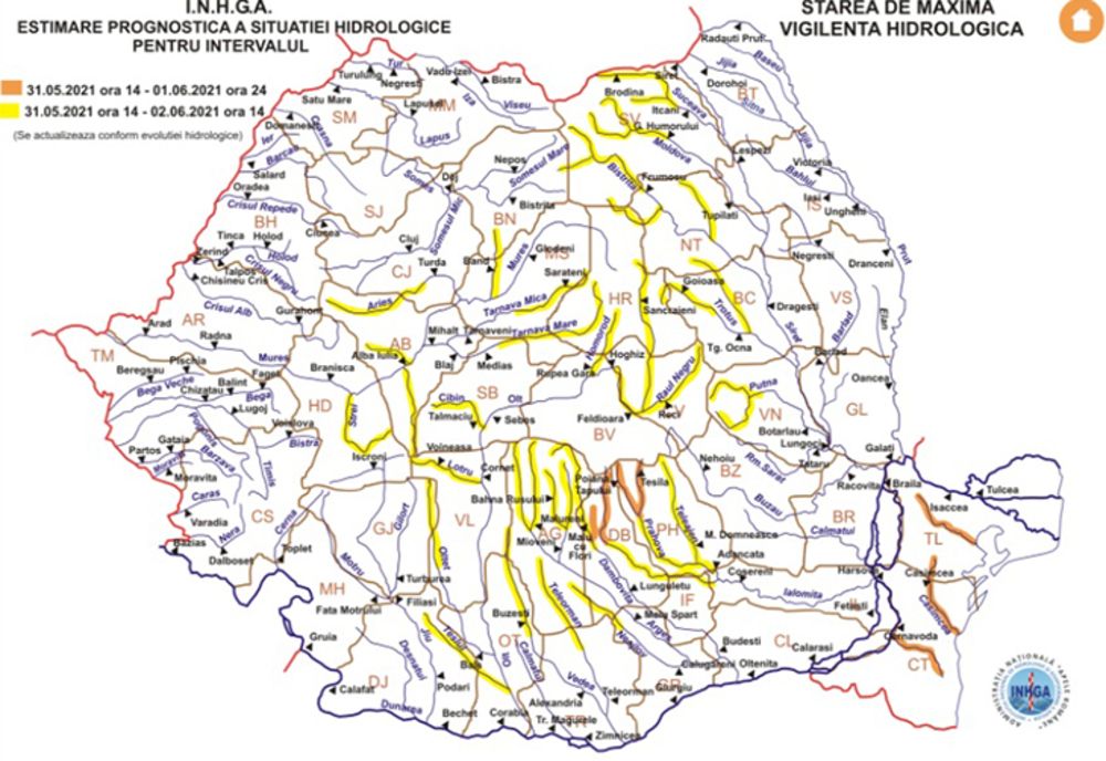 Cod portocaliu de inundații, în Prahova, Dâmbovița și Argeș, valabil de luni după-amiază